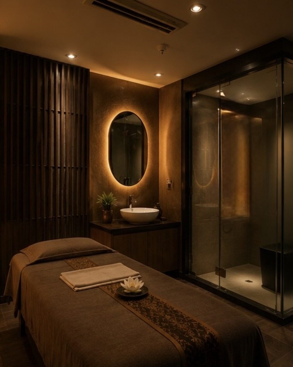 Couple massage room prepared with towels and lotus flower
